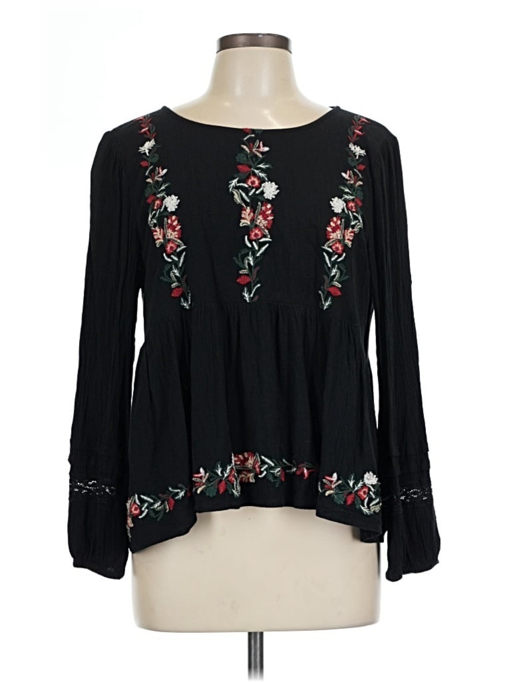 American Eagle Outfitters Black Embroidered Floral Peasant Top
